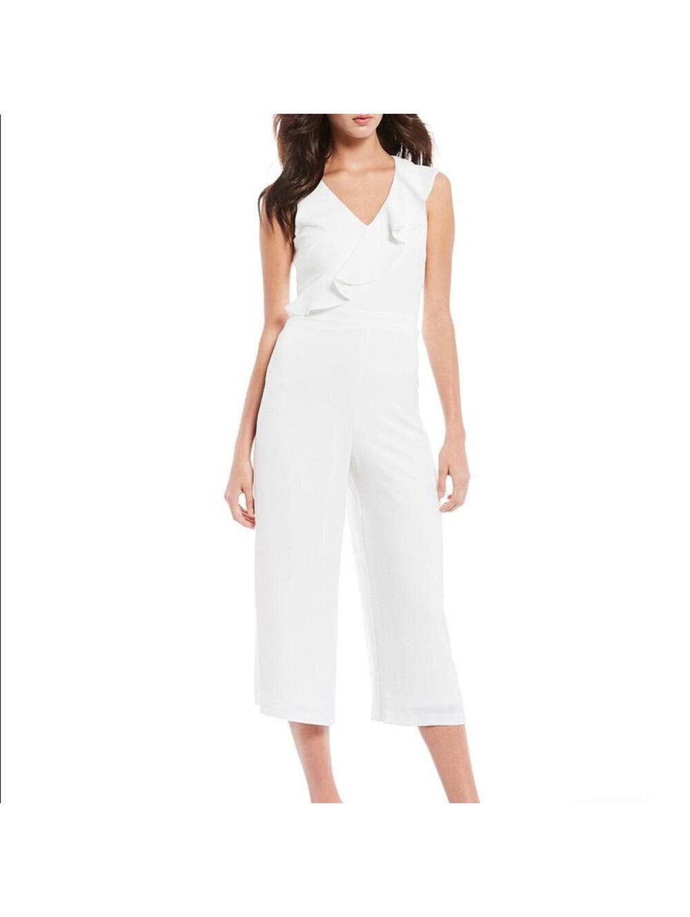 Adrianna Papell Ruffle V-Neck Cropped Jumpsuit sz 2  Wideleg Capri Ivory